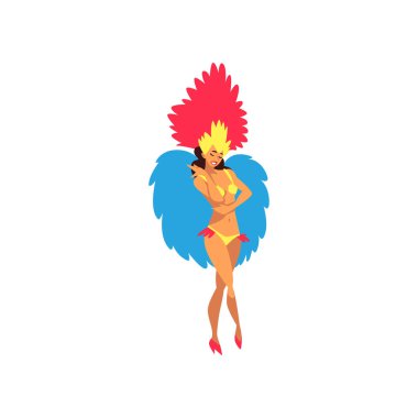 Gülümseyen genç kadın renkli Festival dans kostüm, kadın Brezilya Samba dansçısı, Rio de Janeiro'da karnaval vektör çizim