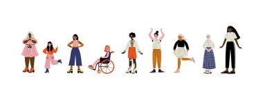 Genç kadınlar farklı rolleri ayarla, kadın karakterleri sevgi dolu onların vücut, kendini kabul, güzellik, vücut olumlu vektör çizim