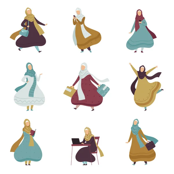 穆斯林妇女在生活方式日报设置, 阿拉伯妇女在传统的服装向量例证 — 图库矢量图片