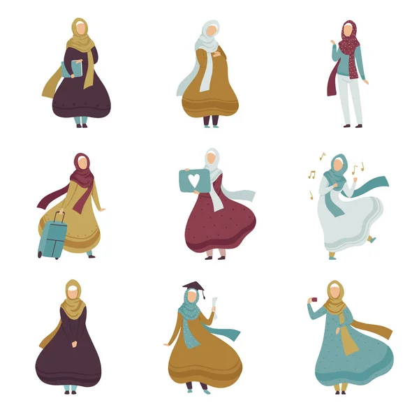 Femmes musulmanes dans différentes situations, Femmes arabes dans des vêtements traditionnels Illustration vectorielle — Image vectorielle