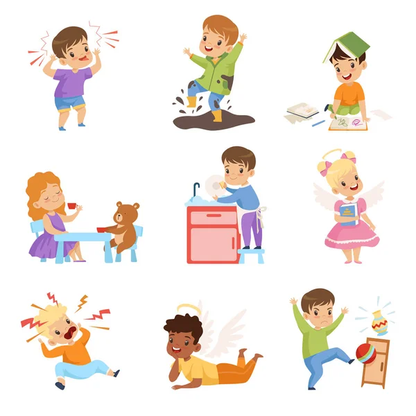 Set de niños traviesos y obedientes, niños con buenos modales y hooligans Vector Illustration — Vector de stock