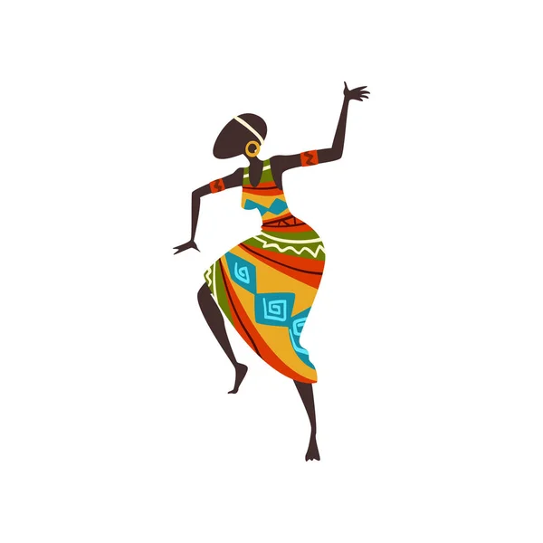Mulher Africana Bonita Dançando Folk ou Ritual Dance, Dançarina Aborígene Feminina em Vestuário Étnico Ornamentado Brilhante Ilustração vetorial — Vetor de Stock