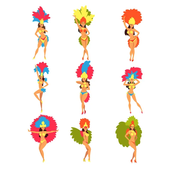 Coleção de meninas bonitas vestindo trajes de Festival Brilhante Dançando, Dançarinos de Samba do Carnaval Brasileiro, Ilustração do Vetor do Festival do Rio de Janeiro — Vetor de Stock