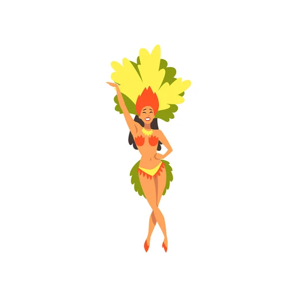Menina bonita vestindo trajes de Festival Brilhante Dançando, Dançarina Brasileira de Samba, Ilustração do Vetor do Carnaval do Rio de Janeiro — Vetor de Stock