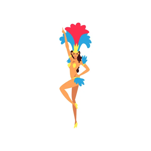 Chica vistiendo colorido festival de baile de disfraces, bailarina brasileña Samba, carnaval de Río de Janeiro Vector Ilustración — Vector de stock