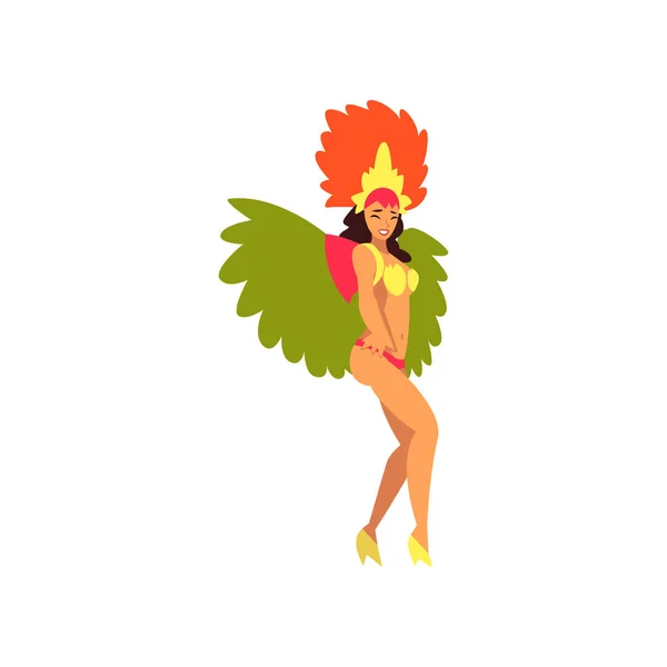 Chica vistiendo brillante colorido festival de baile de disfraces, Carnaval brasileño bailarina de samba femenina, Festival de Río de Janeiro Vector Ilustración — Vector de stock