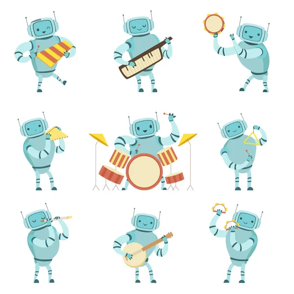 Роботы-музыканты, играющие на музыкальных инструментах, роботы, играющие на ксилофоне, гармонике, тамбурине, треугольнике, флейте, барабанной векторной иллюстрации — стоковый вектор