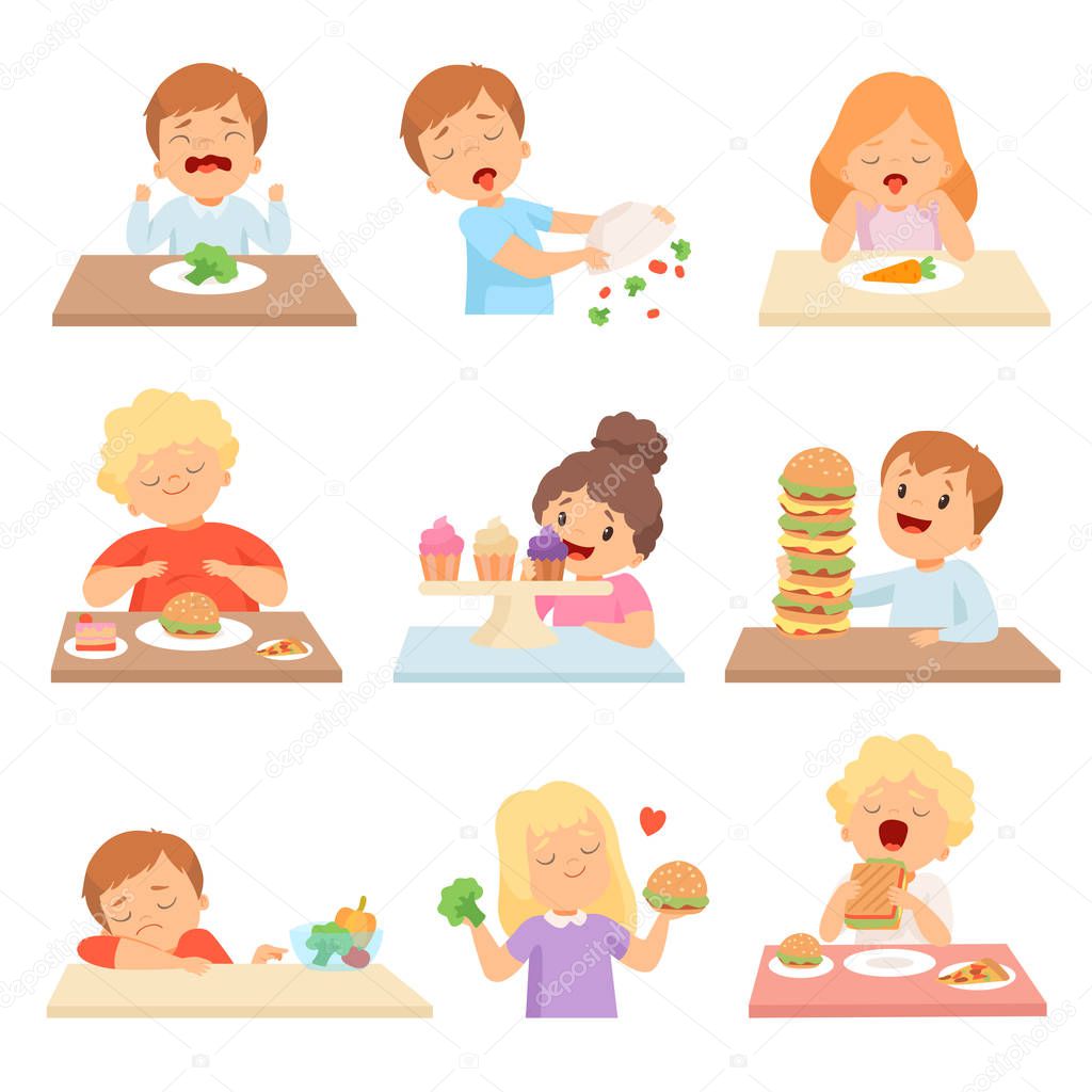 Kids Do Not Like Vegetables Set, Cute Boys and Girls Enjoying Eating of Fast Food and Sweets Vector Illustration