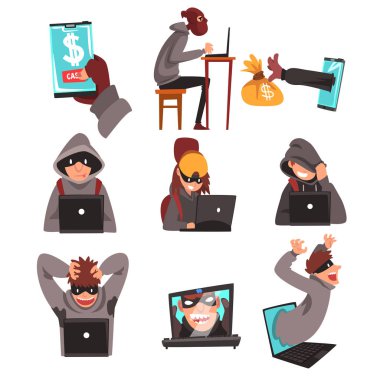 Hackerlar bilgi ve dizüstü kullanarak para çalmak kılık ayarla, Internet suç, bilgisayar güvenlik teknoloji karikatür vektör çizim