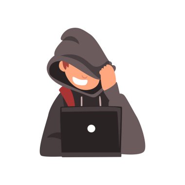 Onun yüz altında Hood çalıştığınız için siber saldırı Laptop, Internet suç, istimal bilgisayar güvenlik teknoloji karikatür vektör çizim gizleme hacker