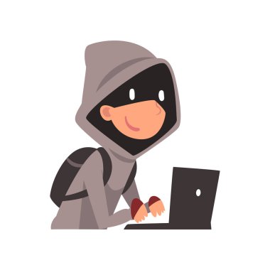 Hacker Hoodie ve siyah maske kullanarak dizüstü bilgisayar, Internet suç, bilgisayar güvenlik teknoloji karikatür vektör çizim bilgilerini çalmak