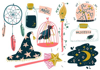 Sihirli nesneler kümesi, büyücülük özelliklerini, Magic ekipman vektör çizim göster