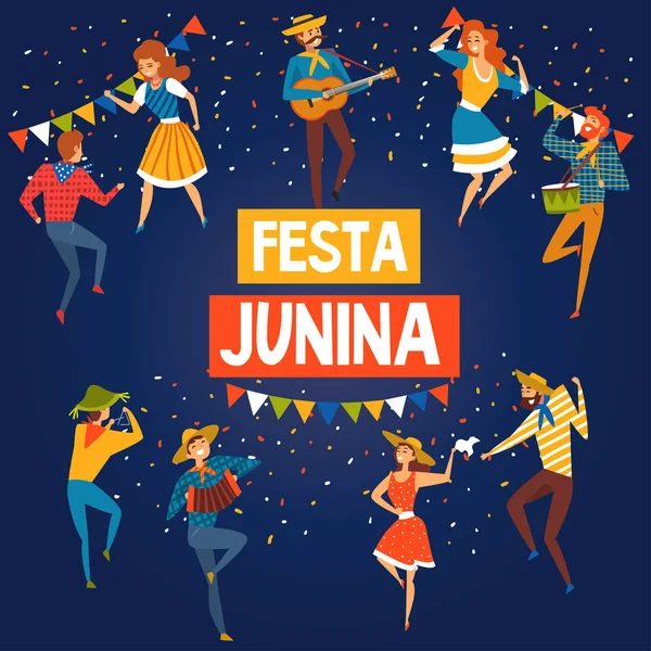 ・ フェスタ ・ ジュニーナ ブラジルの 6 月祭バナーやポスター、夜民俗パーティー ベクトル図で踊る幸せな人々 — ストックベクタ