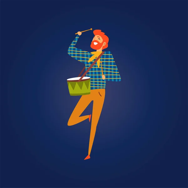 Festa Junina Бразилії червня фестиваль, посміхається дівчина танцює і грає барабан в ніч фольклору партія Векторні ілюстрації — стоковий вектор