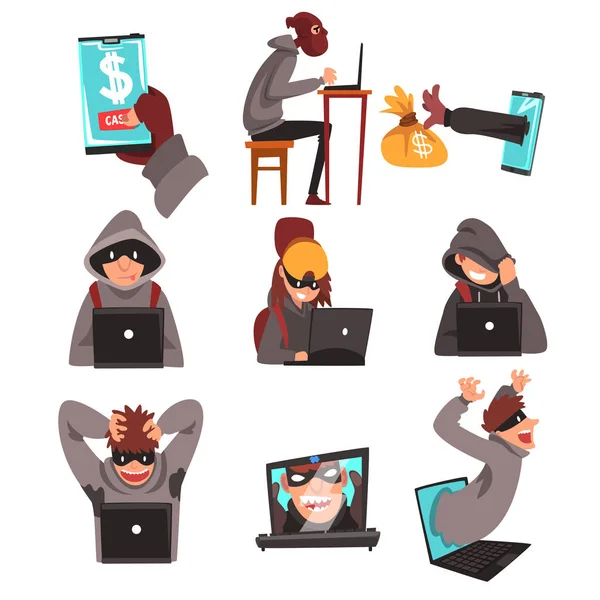 Hakerzy w przebraniu kradzież informacji i pieniędzy za pomocą laptopa zestaw, przestępstw internetowych, komputer zabezpieczeń technologii kreskówka wektor ilustracja — Wektor stockowy
