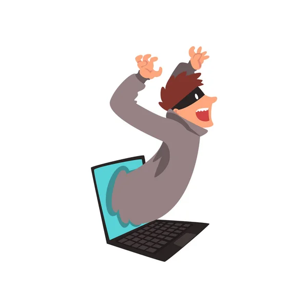 Hacker in masker uit Laptop scherm, Internet criminaliteit, Computer Security Technology Cartoon vectorillustratie — Stockvector