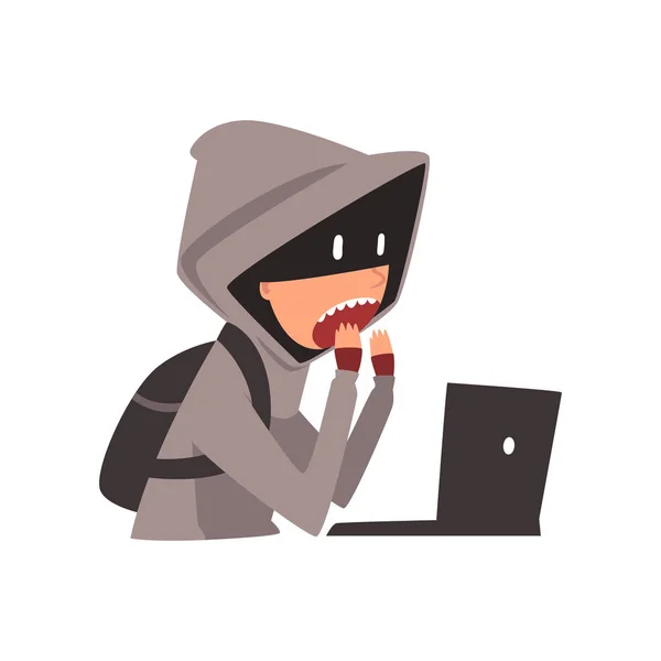 Hacker in Hoodie and Mask Trying to Cyber Attack Using Laptop, Internet Crime, Computer Security Technology Cartoon Vector Illustration — Stock Vector