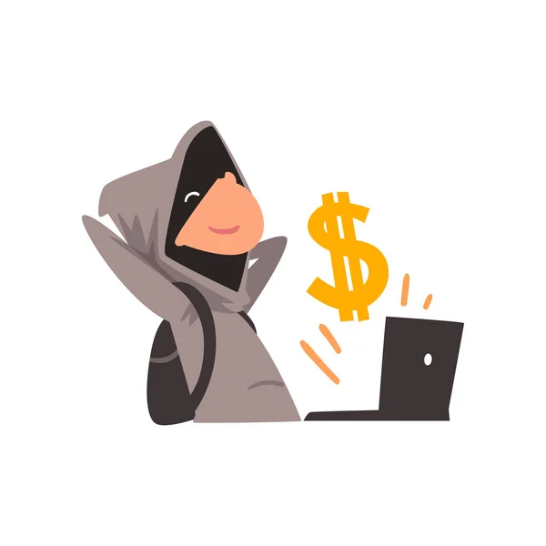 Hacker in zwart masker stelen geld met behulp van Internet criminaliteit, Laptop, Computer Security Technology Cartoon vectorillustratie — Stockvector