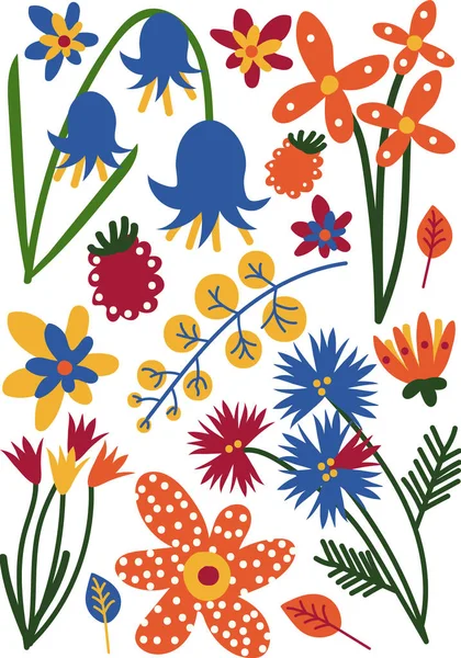 Piękny kolorowy dziki lub ogród kwitnących kwiatów, roślin zielnych, kwiatowy wzór, ilustracji wektorowych sezonowych wystrój — Wektor stockowy