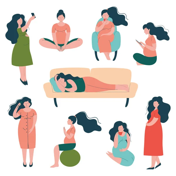 Pregnant Woman Lifestyle Set, Happy Brunette Mother in Pregnancy Doing Exercises, Sitting, Sleeping Vector Illustration — Stock Vector