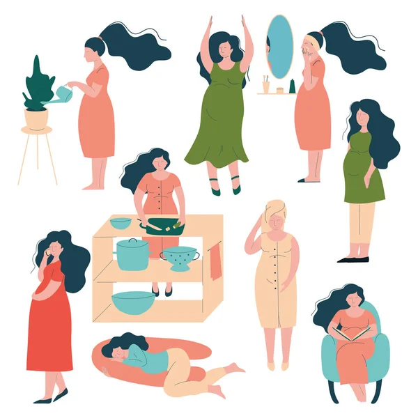 Donna incinta Stile di vita Set, Felice Bruna Madre in Gravidanza Cura per se stessa, Libro di lettura, Cucina, Dormire, Parlare al telefono Vector Illustrazione — Vettoriale Stock