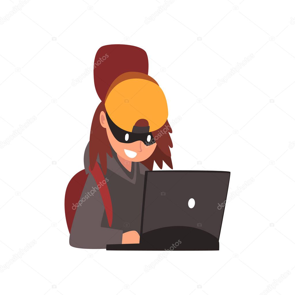 Female Hacker Stealing Information From Laptop, Internet Crime, Computer Security Technology Cartoon Vector Illustration