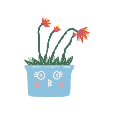 Şirin ışık mavi tencerede ev bitkisi çiçeklenme, öğe doğal ev iç dekorasyon vektör çizim için Tasarla