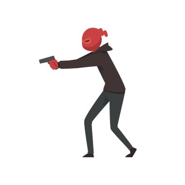 Robber or Burglar Dressed in Black Clothes and Mask Standing with Gun Vector Illustration clipart
