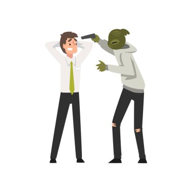 Banka soygunu, maskeli erkek suç tehdit banka müdürü silahla, banka soygunu vektör çizim