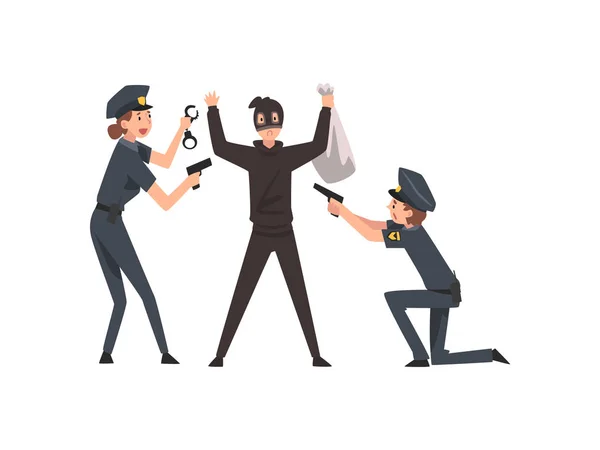 Офицер вооружённой полиции арестовал грабителя банка, полицейского и женщину, пойманных за мошенничеством — стоковый вектор
