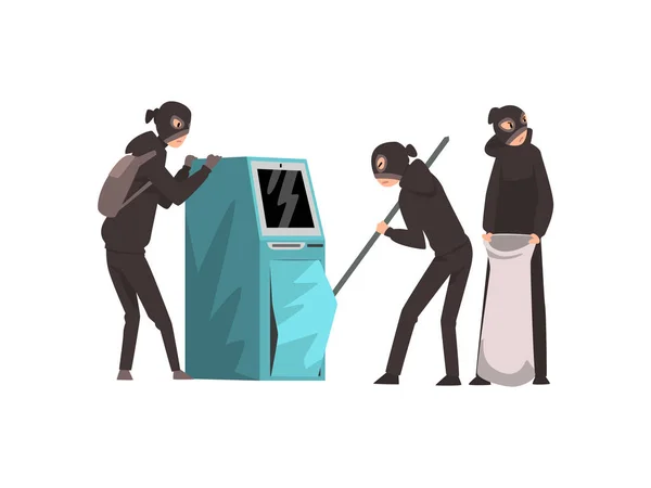 Group of Male Criminals in Masks Trying to Steal Money from ATM Vector Illustration — Stock Vector