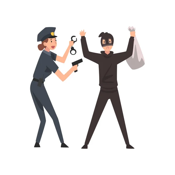 Armed Female Police Officer Arrested Bank Robber Vector Illustration — Stock Vector