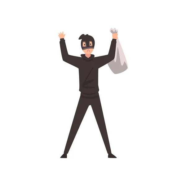 Ladrón vestido con ropa negra y máscara de pie con las manos levantadas y bolsa de dinero Vector ilustración — Vector de stock