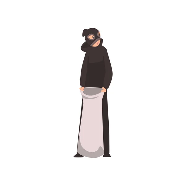 Ladrón vestido con ropa negra y máscara de pie con bolsa de dinero Vector Ilustración — Vector de stock