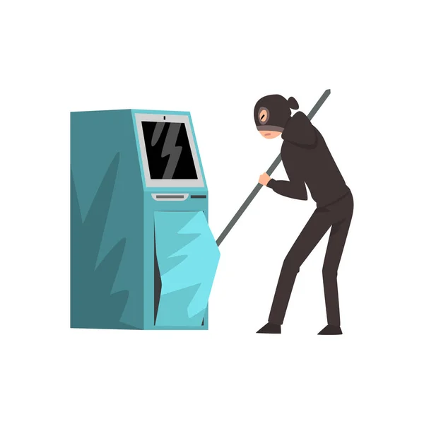 Male burglar Dressed in Black Clothes and Masks Trying to Steal Money from ATM Vector Illustration — Stock Vector
