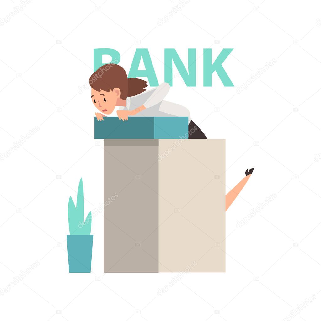 Scared Manager Standing at Reception Desk at Bank Office, Bank Robbery Vector Illustration