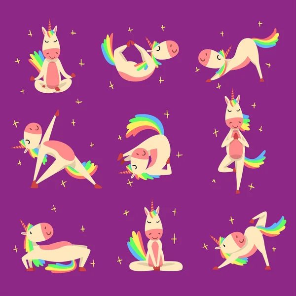 Rolig Unicorn öva Yoga övningar Set, Fantasy härlig häst karaktär med Rainbow manen och svansen vektorillustration — Stock vektor