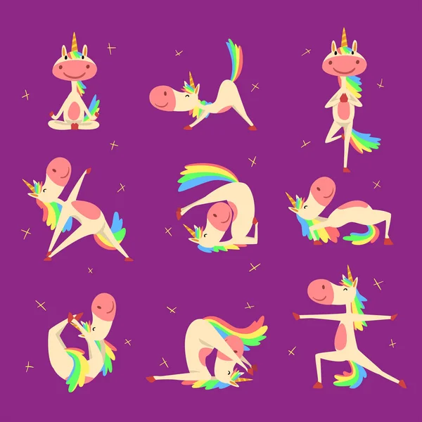 Colección de carácter unicornio divertido con melena arco iris y cola practicando ejercicios de yoga Vector Ilustración — Vector de stock
