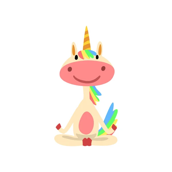Funny Unicornio sentado en posición de loto, Fantasía Precioso personaje de caballo con melena de arco iris y cola practicando yoga Ejercicio Vector Ilustración — Archivo Imágenes Vectoriales
