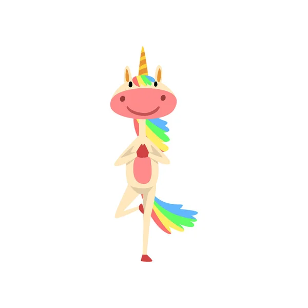 Unicornio divertido en posición de árbol, Fantasía Hermoso personaje de caballo con melena de arco iris y cola practicando ejercicio de yoga Vector Ilustración — Vector de stock