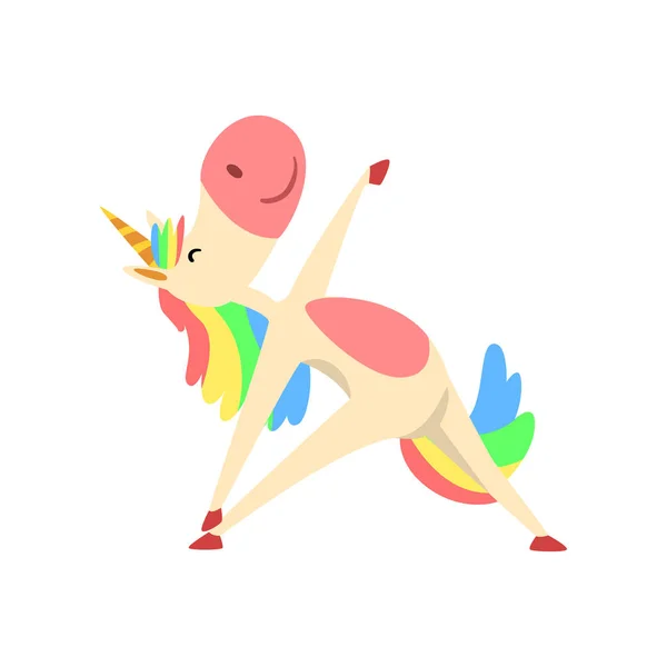 Funny Unicorn Character with Rainbow Mane and Tail Practicing Yoga Exercise Vector Illustration — Stock Vector