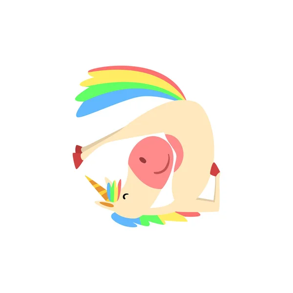 Unicornio divertido en posición invertida, personaje hermoso del caballo de la fantasía con la melena del arco iris y la cola practicando yoga Ejercicio Vector Ilustración — Vector de stock