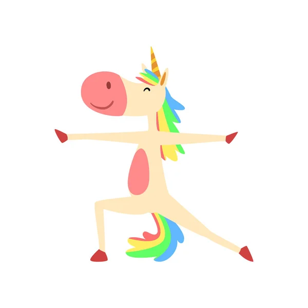 Unicornio divertido en posición de héroe, personaje hermoso caballo de fantasía con melena arco iris y cola practicando yoga Ejercicio Vector Ilustración — Vector de stock