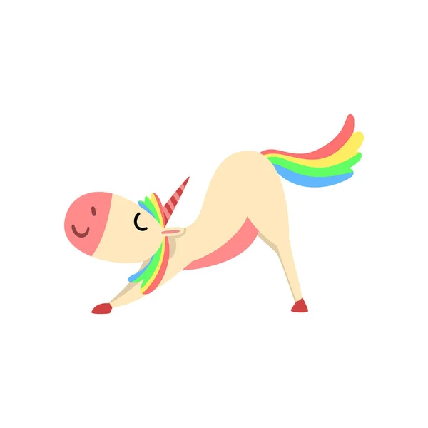 Personaje unicornio divertido con melena arco iris y cola haciendo ejercicio de yoga Vector Ilustración — Archivo Imágenes Vectoriales