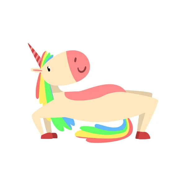 Unicornio divertido en posición de puente, personaje hermoso caballo de fantasía con melena arco iris y cola practicando ejercicio de yoga Vector Ilustración — Archivo Imágenes Vectoriales