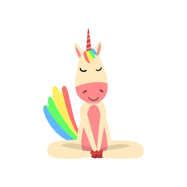 Divertido Unicornio Meditando, Fantasía Hermoso personaje de caballo con melena de arco iris y cola Practicando Yoga Ejercicio Vector Ilustración — Vector de stock