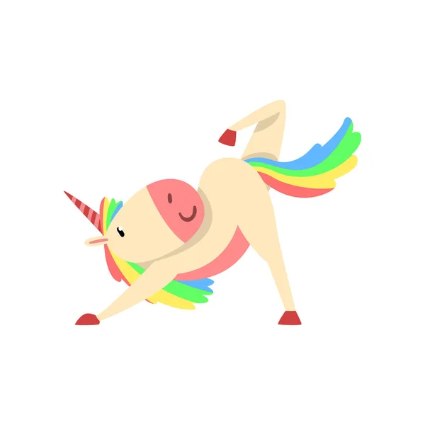 Personaje divertido encantador del unicornio con la melena del arco iris que hace la ilustración del vector del ejercicio del yoga — Vector de stock
