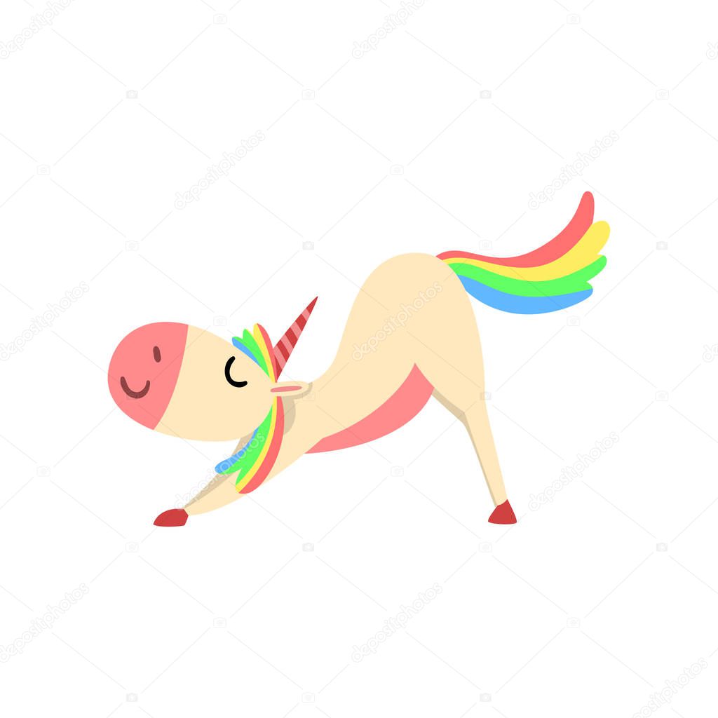 Funny Unicorn Character with Rainbow Mane and Tail Doing Yoga Exercise Vector Illustration