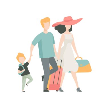 Mutlu aile, seyahat eden baba, anne ve oğlu bavul vektör çizim ile yürüyüş