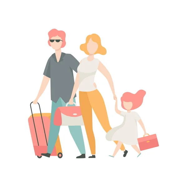 Ευτυχισμένη οικογένεια ταξιδεύει μαζί με βαλίτσα, πατέρας, μητέρα και κόρη στην εικονογράφηση διάνυσμα παραθεριστικές κατοικίες — Διανυσματικό Αρχείο